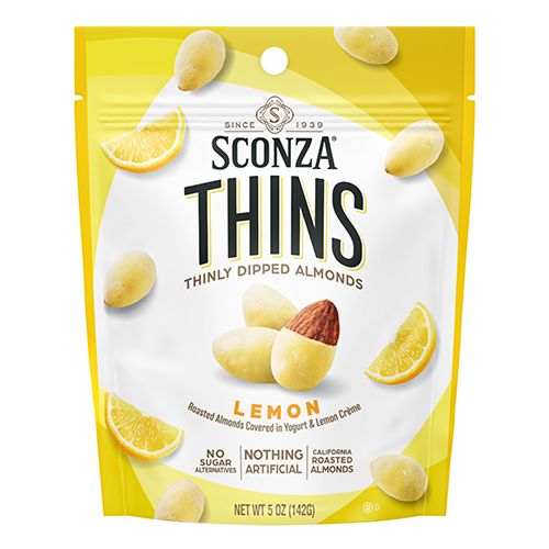 Sconza Thins Lemon Yogurt Almonds 5 oz 6 ct Peg Bag