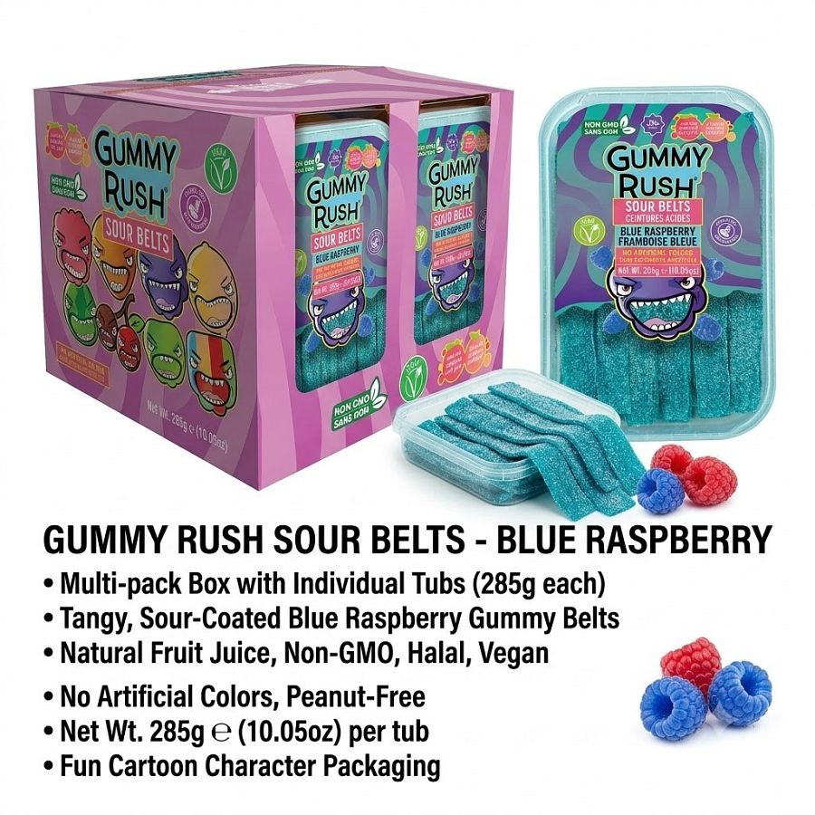 Gummy Rush Turkish Sour Belts Blue Raspberry 10oz Tub 12 Pack