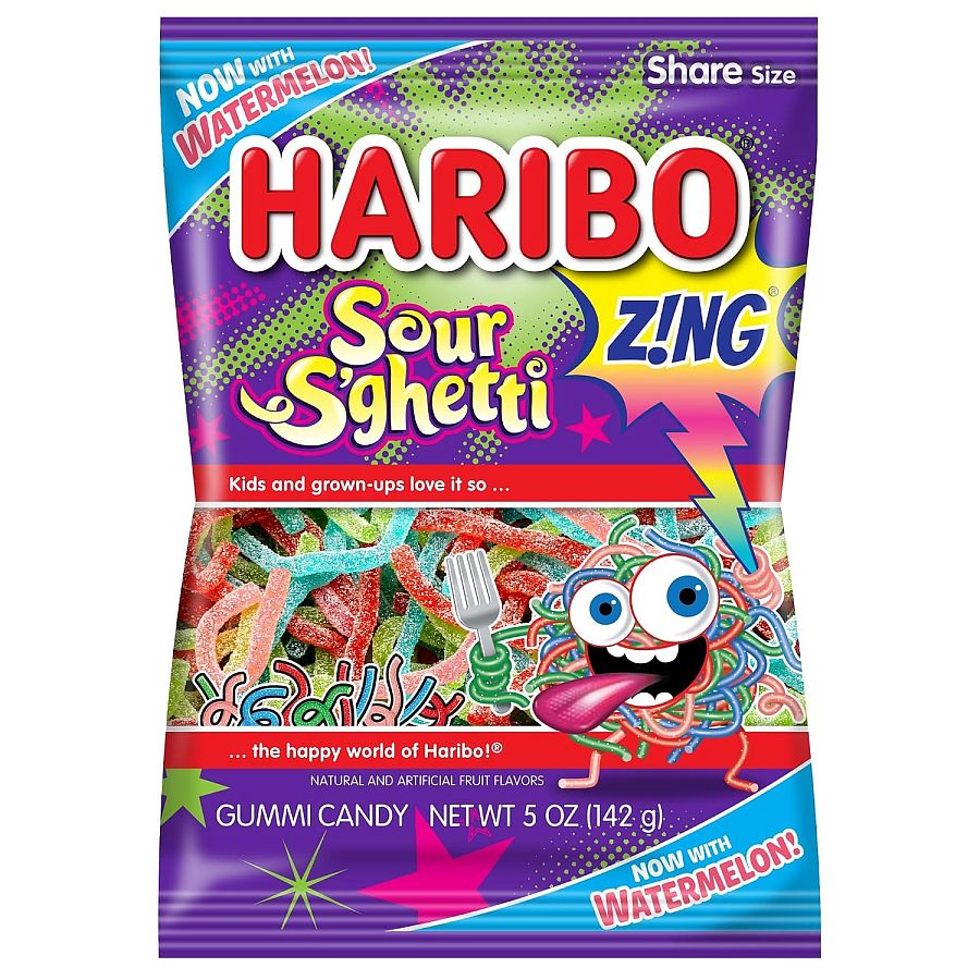 Haribo Sour S'ghetti Straws Gummy Candy Peg Bag 5oz 12 Pack