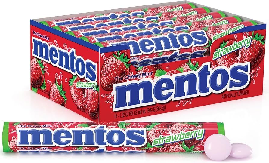 Mentos Strawberry Fruit Chew Candy Roll 15ct Tray