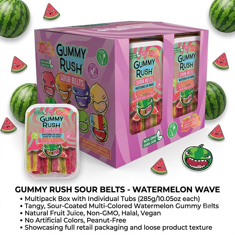 Gummy Rush Turkish Sour Belts Watermelon Wave 10oz Tub 12 Pack