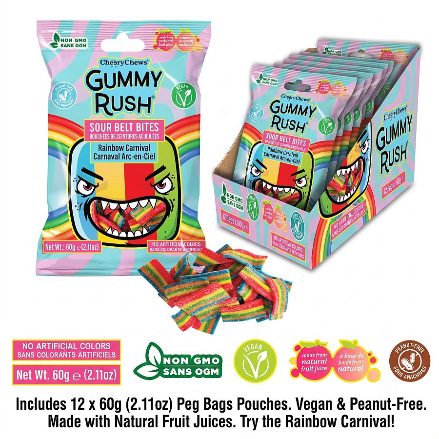 Gummy Rush Mini Sour Belt Bites Rainbow Carnival 2.11oz 12ct Tray