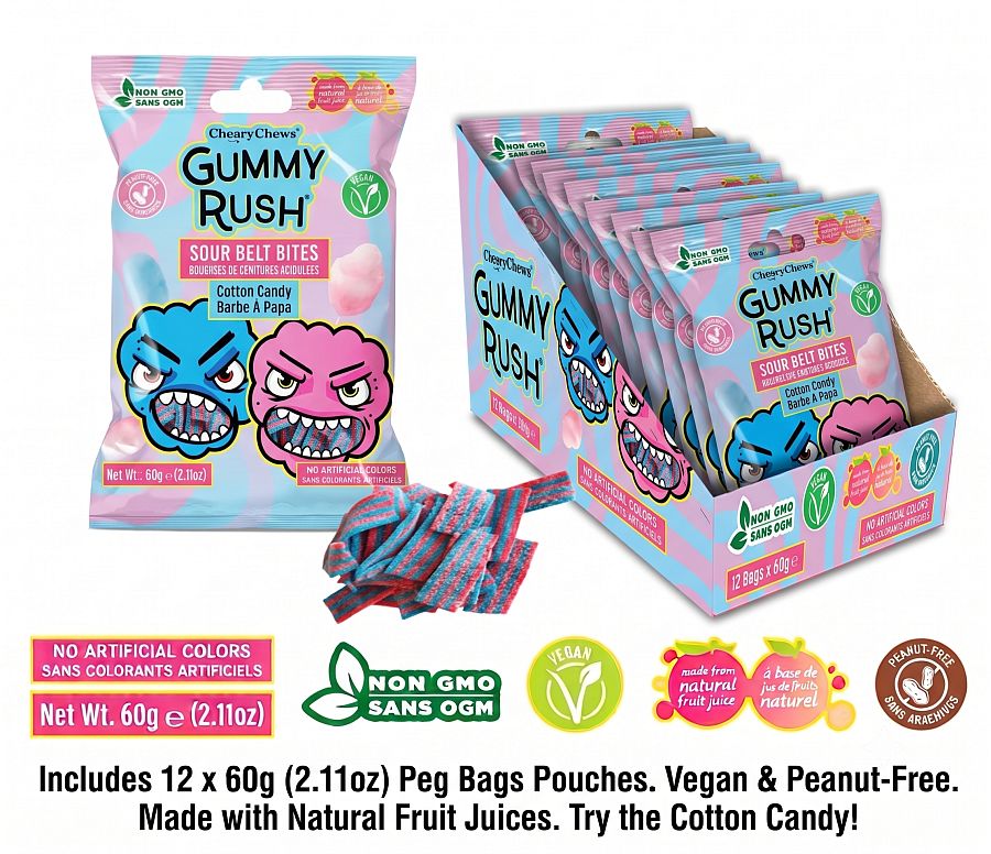 Gummy Rush Mini Sour Belt Bites Cotton Candy 2.11oz 12ct Tray