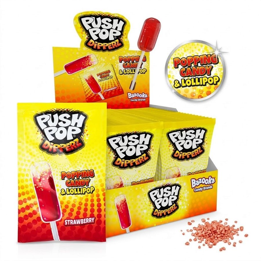 Bazooka UK  Push Pop Dipperz Popping Candy Lollipop Strawberry 48ct