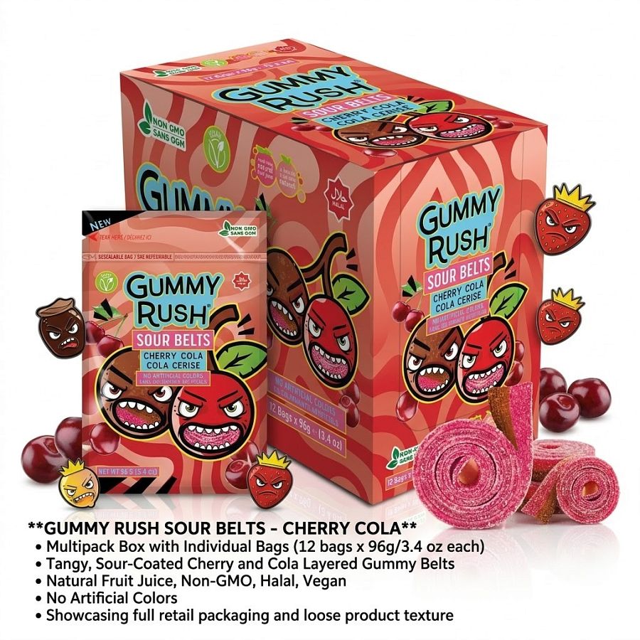 Gummy Rush Turkish Sour Belts Cherry Cola  3.4oz Peg Bag 12ct