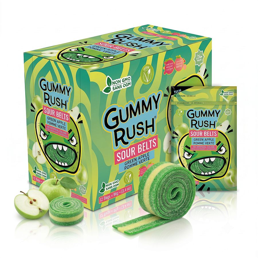 Gummy Rush Sour Belts Green Apple 3.4oz Peg Bag 12ct