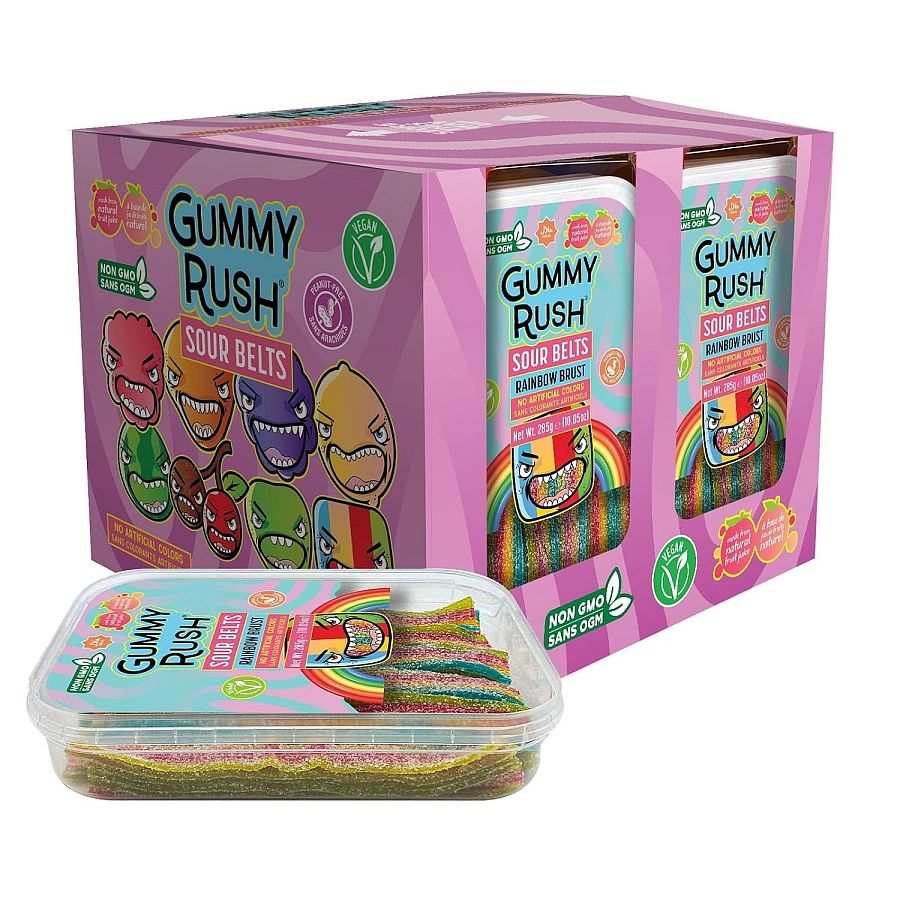 Gummy Rush Turkish Sour Belts RAINBOW 10oz Tub 12 Pack
